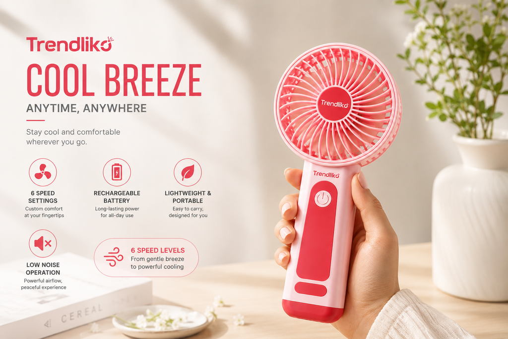 🔥 Trendliko COOL BREEZE – Portable Rechargeable Fan (6 Speed Levels)